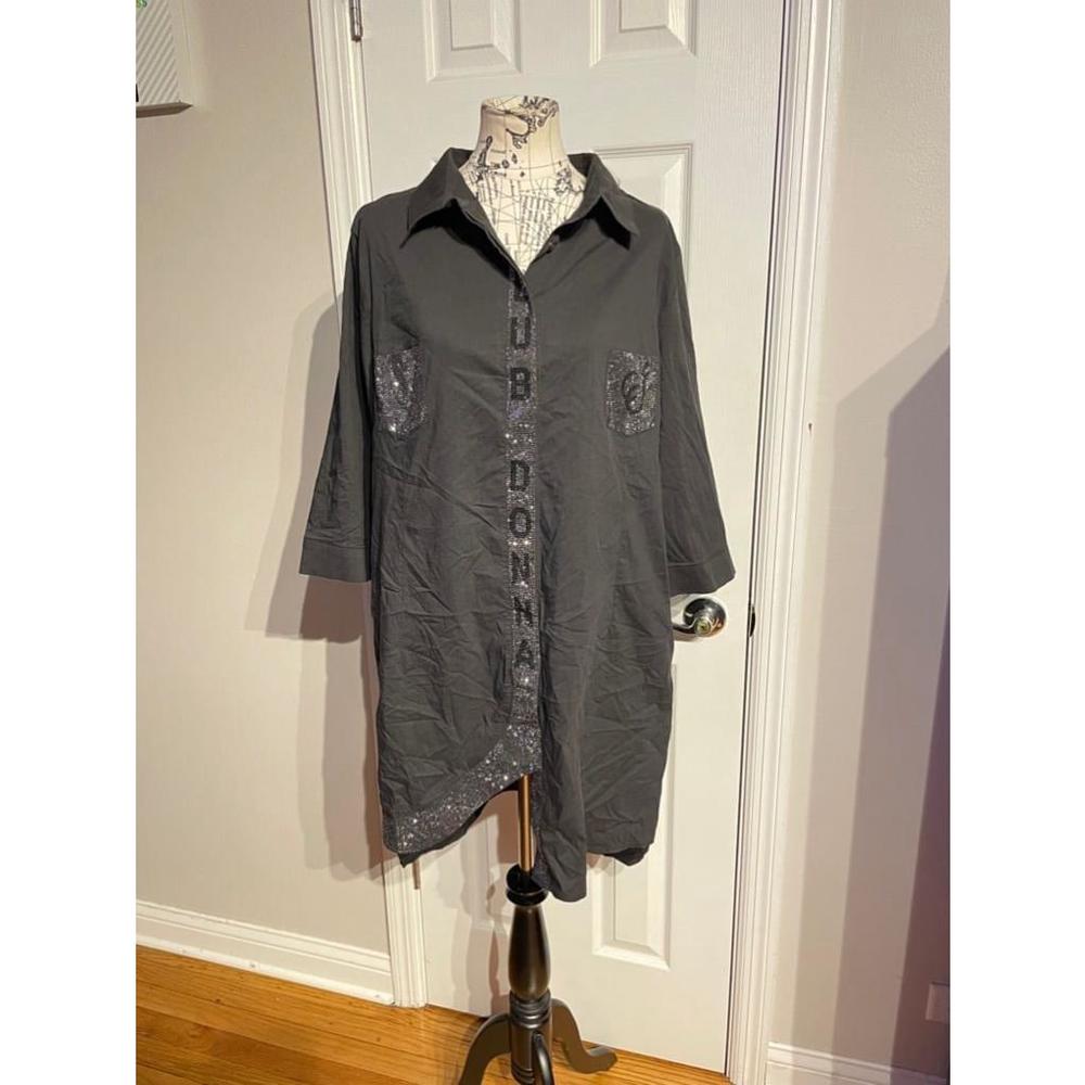 Club Donna Shirt Oversized Dress Embellished Bead Tunic button down slip bling L